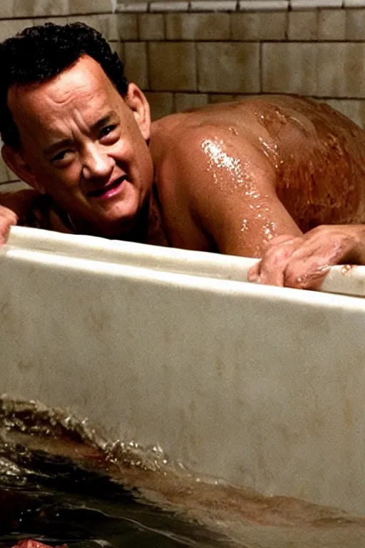 Image similar to tom hanks swimming in a bath tub of baked beans, realistic, moody grindhouse, dark