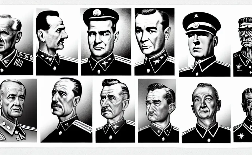 Image similar to 50s movie still full lenght portrait of very diverse soviet generals with very detailed faces, by Alexei Guerman , Cinestill 800t 35mm black and white, heavy grainy picture, very detailed, high quality, 4k, HD criterion, precise texture, diversity of faces