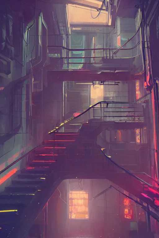 Prompt: down a basement staircase, neon lights, cyberpunk style, digital painting, concept art, smooth, sharp focus, hyperrealistic, illustration, artstation trending, octane render, unreal engine, ambient light, dynamic lighting, magical, dark vibes, Cyberpunk 2077