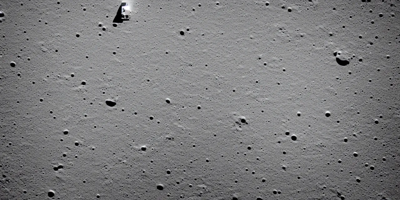 Image similar to view from the surface of the moon, cinematic film still, film grain, looking up at tall white spaceship, glowing landing lights on spaceship, stars and space in the dark background, full frame photography