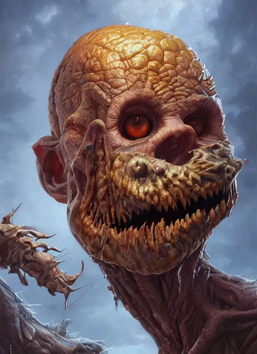 Image similar to highly detailed portrait of pumpkinhead, realistic, horror, fantasy art by greg rutkowski, stanley artgerm, loish, rhads, tom bagshaw, global illumination, radiant light, detailed and intricate environment