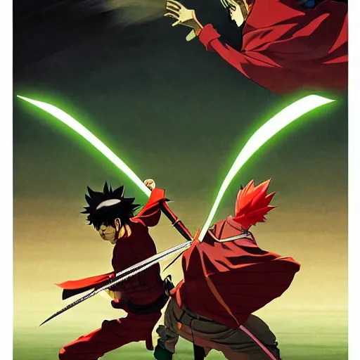 Prompt: green samurai fighting a red ninja, high intricate details, rule of thirds, golden ratio, cinematic light, anime style, graphic novel by fiona staples and dustin nguyen, by beaststars and orange, peter elson, alan bean, studio ghibli, makoto shinkai