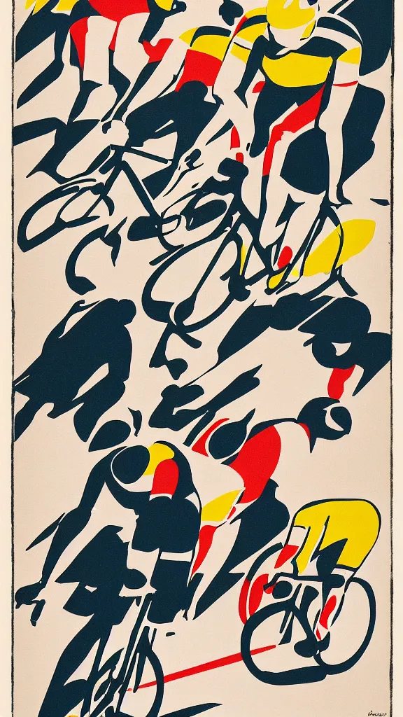 Prompt: poster for a cycling event, 2 tour de france cyclists chasing a ball, flat colors, simple palette, by cassandre,