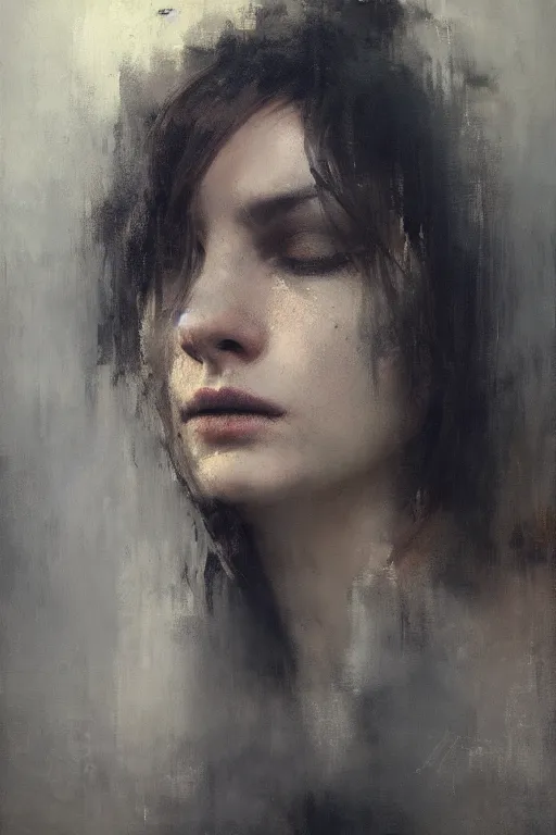 Image similar to detailed cinematic moody colors studio portrait of the melancholic memories of a sensual lady, high quality by jeremy mann, only one head single portrait