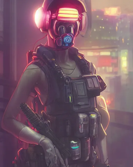 Prompt: anime key visual of a young female swat officer, neon, futuristic gas mask, cyberpunk, futuristic, stunning, highly detailed, digital painting, artstation, smooth, soft focus, illustration, art by artgerm and greg rutkowski and alphonse mucha