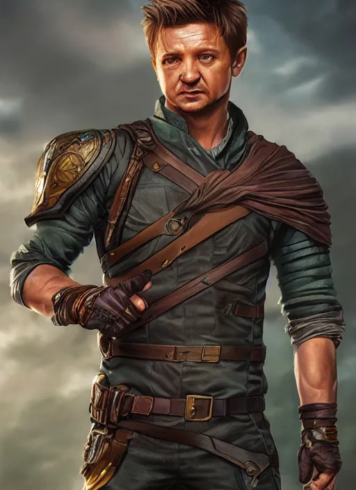 Prompt: A fantasy comic book style portrait painting of Jeremy Renner as a ranger, unreal 5, DAZ, hyperrealistic, octane render, RPG portrait, dynamic lighting