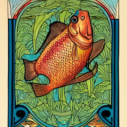 Prompt: A very detailed color illustration on paper of an Art Nouveau decorated fish