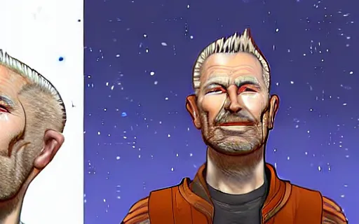 Prompt: Tom Weilguny, a ruggedly handsome Austrian man in a space ranger unform. He has a light stubble, left ear larger than the right, short mohawk, blue eyes, scar under his lower lip. He's stading in front of a night sky, surrounded by several large moths, intricate, highly detailed, smooth, artstation, digital illustration by Ruan Jia and Mandy Jurgens and Artgerm and Wayne Barlowe and Greg Rutkowski and Zdislav Beksinski