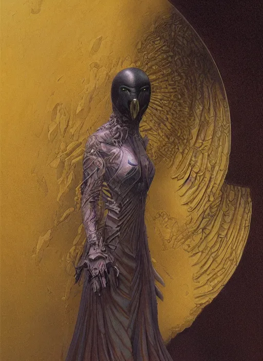 Image similar to young female in detailed golden mask of raven by Wayne Barlowe