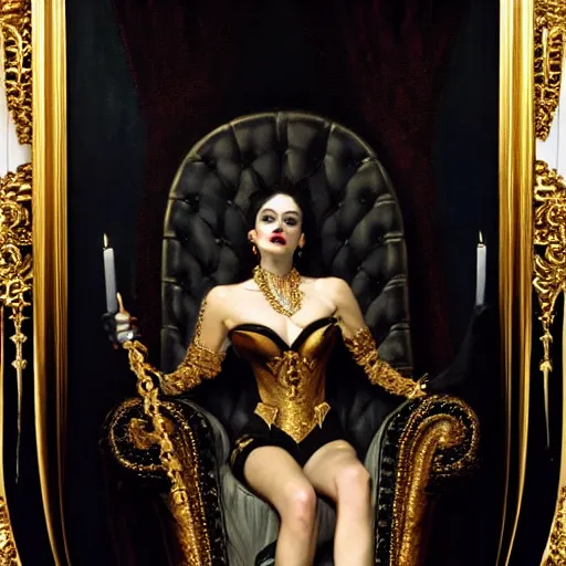 Prompt: portrait of attractive vampire queen in gold gothic robe sitting on a throne of black bones, painting by gaston bussiere, craig mullins, j. c. leyendecker, 8 k, mid shot