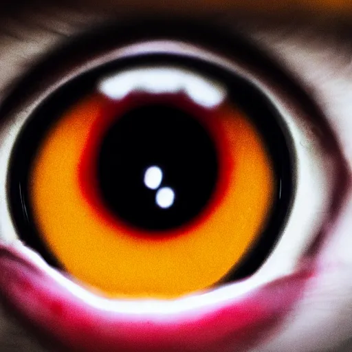 Prompt: fiery whimsical uncanny eyes of an inner demon, in a photorealistic macro photograph with shallow DOF