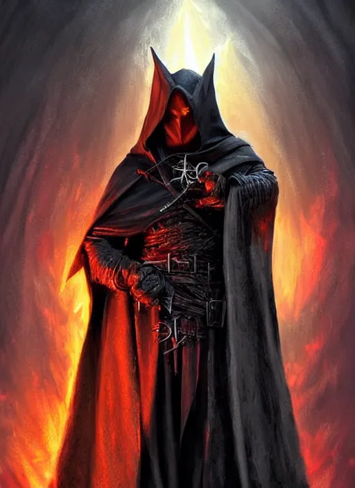 Image similar to black cloak hooded cult member, ultra detailed fantasy, dndbeyond, bright, colourful, realistic, dnd character portrait, full body, pathfinder, pinterest, art by ralph horsley, dnd, rpg, lotr game design fanart by concept art, behance hd, artstation, deviantart, hdr render in unreal engine 5