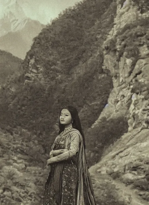 Prompt: vintage_portrait_photo_of_a_beautiful_beautifully_lit_nepalese_Victorian_woman_in_a_lush_valley_with_a_tibetan_monastery_on_a_rock_in_the_background, realistic detailed face