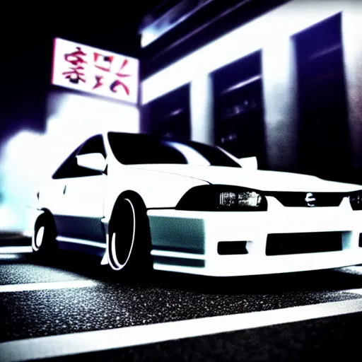 Prompt: a car Nissan Silvia at illegal car meet, Shibuya prefecture, city midnight mist, cinematic color, photorealistic, highly detailed