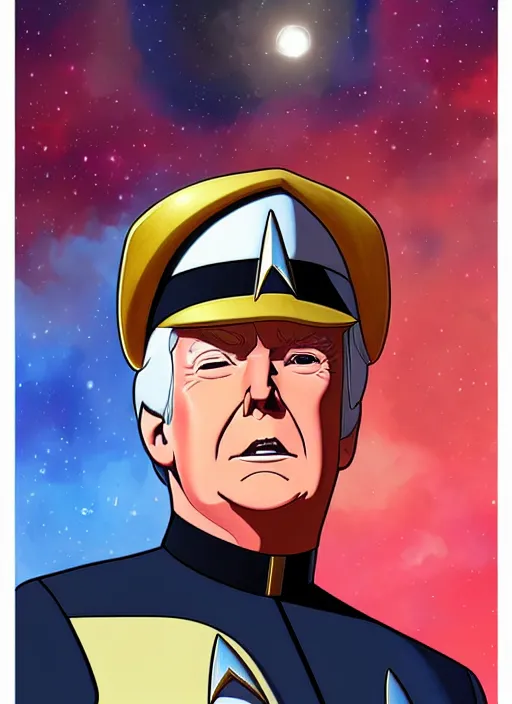 Image similar to cute star trek officer donald trump, natural lighting, path traced, highly detailed, high quality, digital painting, by don bluth and ross tran and studio ghibli and alphonse mucha, artgerm