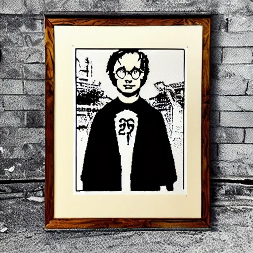 Image similar to individual harry potter silk screen portrait banksy style