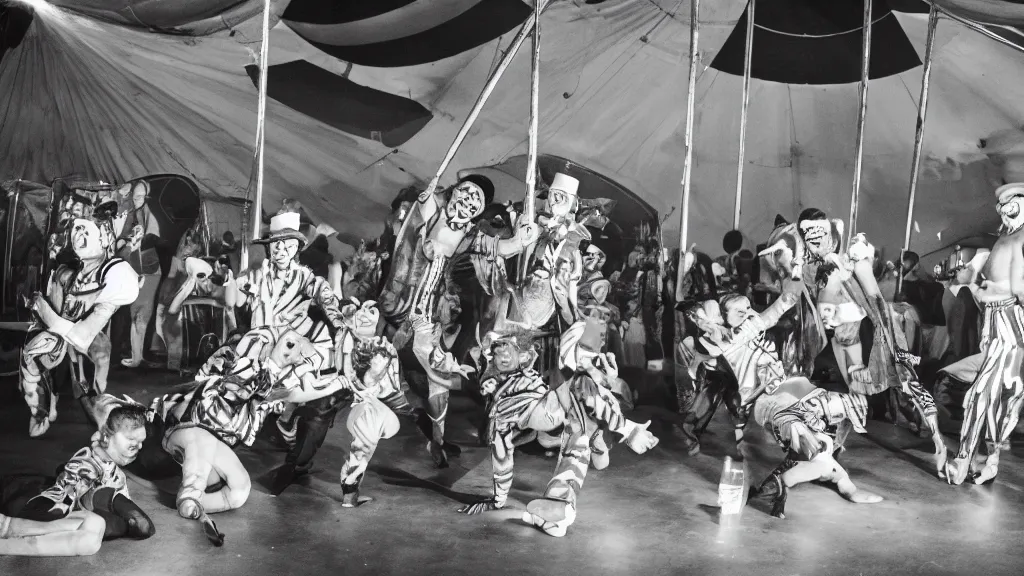Image similar to of a gang of circus clowns, drinking alcohol, inside a circus tent