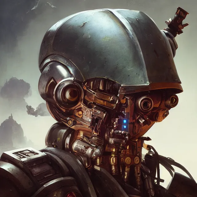 Image similar to hyper realistic portrait of warhammer android machine cinematic, artstation, cgsociety, full head, greg rutkowski, james gurney, mignola, craig mullins, brom