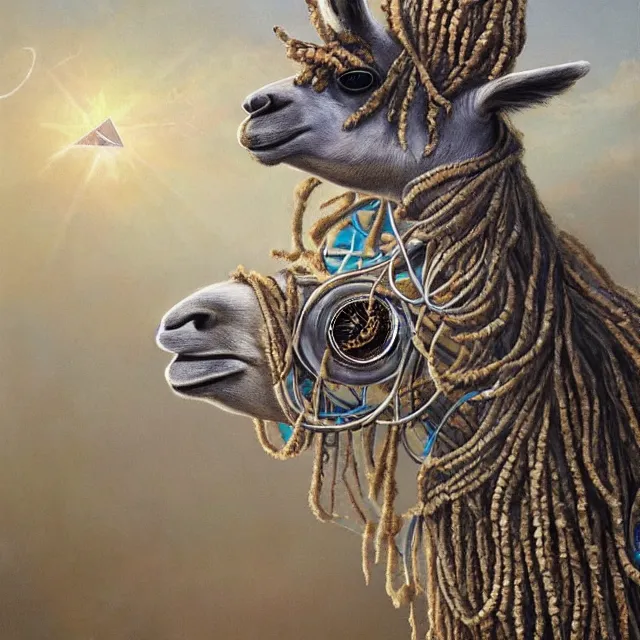 Prompt: llama with dreadlocks, by mandy jurgens, ernst haeckel, james jean. in the style of industrial scifi