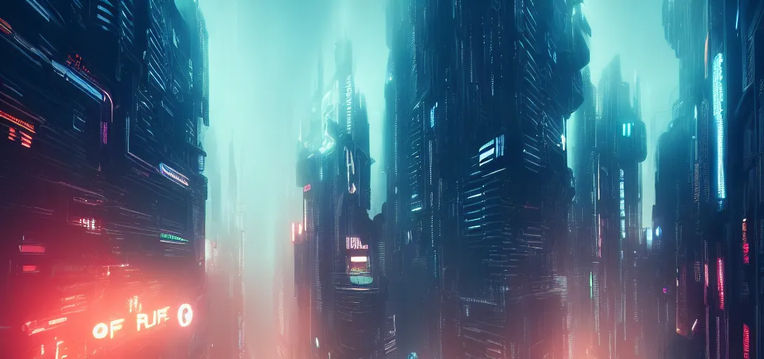 Prompt: view from the ground of a futuristic blade runner cyberpunk city, neon, horizon, fog, light rays, symmetry, cinematic lighting, ultra detailed, sharp, ambient occlusion, bloom, raytracing, by greg rutowski, paul chadeisson and jessica rossier