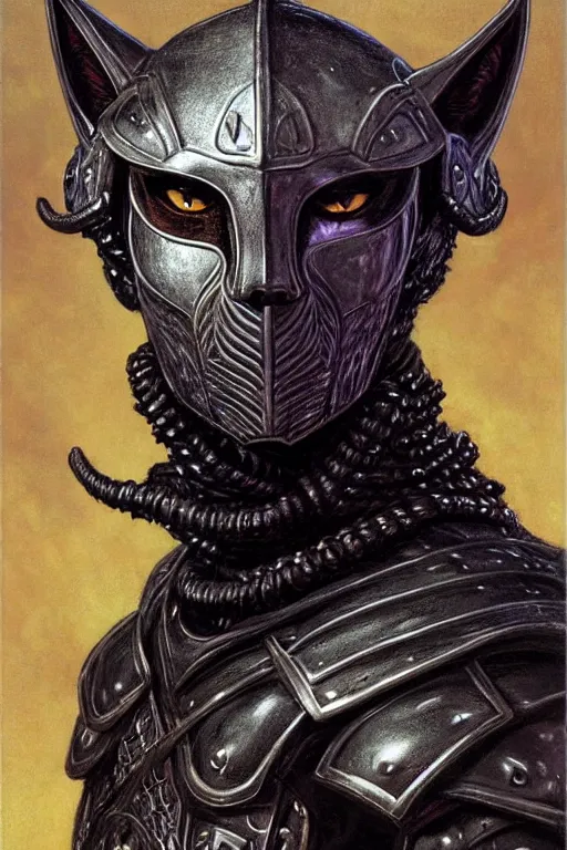 Image similar to head and shoulders portrait of an eldritch knight, tabaxi, black cat, anthropomorphic, male, breastplate, magical, high fantasy, d & d, by donato giancola, face details, extremely detailed, vogue fashion photo