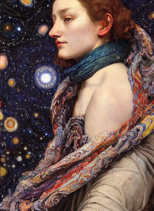 Prompt: portrait of a beautiful woman in watching the stars above wearing a scarf with colourful intricate psychodelic patterns, by edgar maxence and caravaggio and michael whelan and delacroix style, artistic, intricate drawing, light brazen, realistic fantasy, extremely detailed and beautiful aesthetic face, establishing shot, 8 k resolution, dramatic lighting