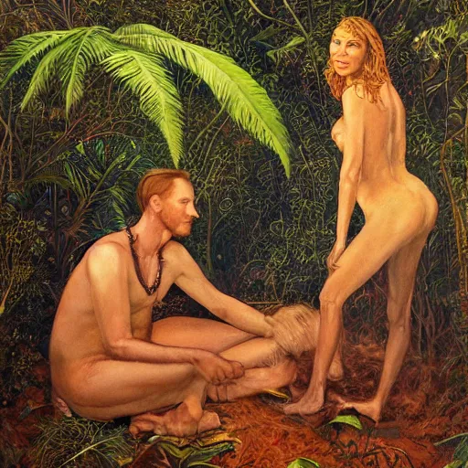 Image similar to the illuminated mystic Rhodesian ridgeback and a man and a woman in love, softly lit from behind, full moon night in the jungle Portrait by Paul Bonner, oil on canvas