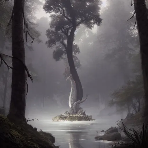 Prompt: a gargantuan dragon idly standing in a forest, peacefully drinking river water, illustrated by max hay and greg rutkowski, trending on artstation, digital art, 4 k quality