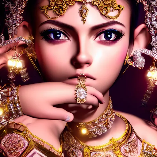 Image similar to portrait of pretty princess with perfect skin, glowing, ornate and intricate diamond jewelry, jaw dropping beauty, ornate and intricate backdrop, white accent lighting, hyper detailed, 4 k octane render