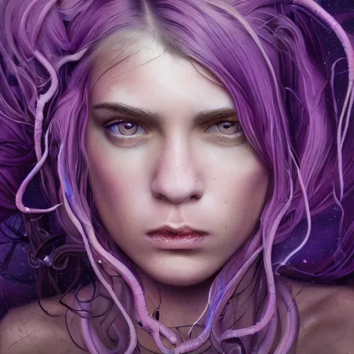 Image similar to detailed photo portrait of a furious teen girl with thin, hair-like purple tentacles on her head and bright purple eyes, 8k,by tristan eaton, Stanley Artgermm,Tom Bagshaw,Greg Rutkowski,Carne Griffiths,trending on DeviantArt, face enhance,hyper detailed ,full of colour, dramatic lightning