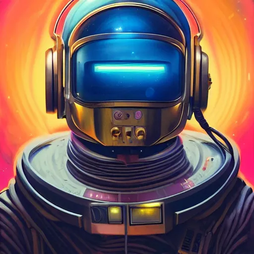 Prompt: a poster design of a futuristic cyberpunk astronaut wearing headphones in space, tech, daftpunk, futuristic, universe, cyberpunk, warm color, golden hour, artgerm, Highly detailed labeled, poster, peter mohrbacher, featured on Artstation