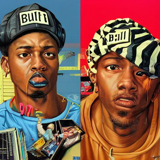 Image similar to detailed details photorealistic pictures of 9 0 s hip hop cover album from rapper two ballz, this album called hustle on the buut, in the style of bob peak and alex ross, gouache and wash paints color, detailed details facial and body and human environments and background and foreground proportionate, detailed 5 k details, detailed string text.