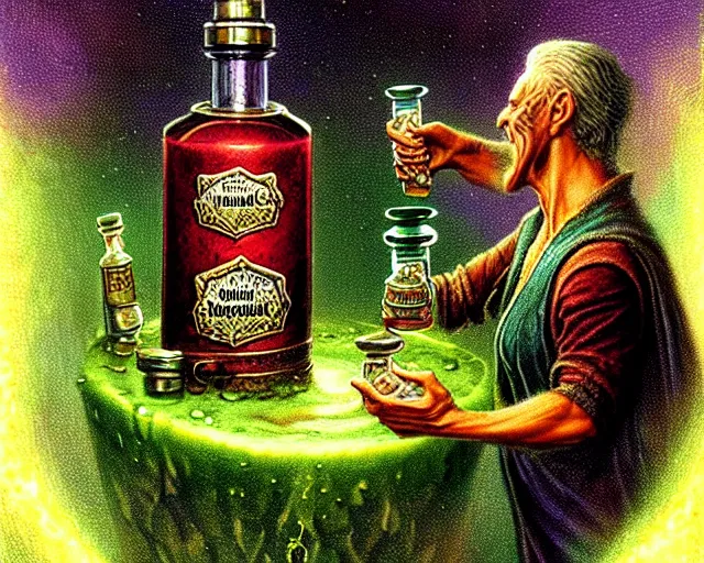 Image similar to A richly detailed fantasy digital art of an ancient vintage apothecary magic arcane nebula healing elixir potion bottle trading card an esoteric blender render by Bob Eggleton, two jolly wizards enthusiastically drinking and imbibing magic potions