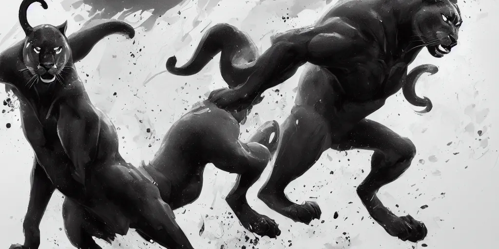 Image similar to highly detailed beautiful black and white photography of panther, splash, sharp focus, dynamic lighting, elegant harmony, beauty, masterpiece, by riccardo federici, by james jean, by craig mullins, by lois van baarle, by makoto shinkai, by greg tocchini, by greg rutkowski, illustration, ink draw, pen,