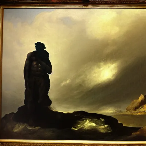 Image similar to goya the colossus painting, towering stone man, atmospheric haze, stormy, tundra, hudson river school, princess in foreground, large scale