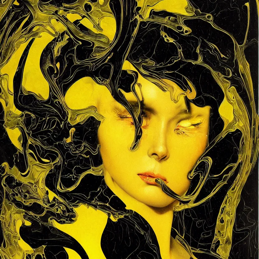 Image similar to a dark baroque close - up portrait of a yellow and black porcelain being made out of white liquid sci - fi vitrified translucent ceramic marble ; china. reflective detailed textures. gloomy black background. highly detailed fantasy science fiction painting by moebius, norman rockwell, frank frazetta, and syd mead. rich colors, high contrast. artstation