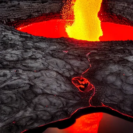 Image similar to head of kirby emerges from a lava lake, cave background, high detail, lava reflections, cave reflecting in lava lake, dramatic shot