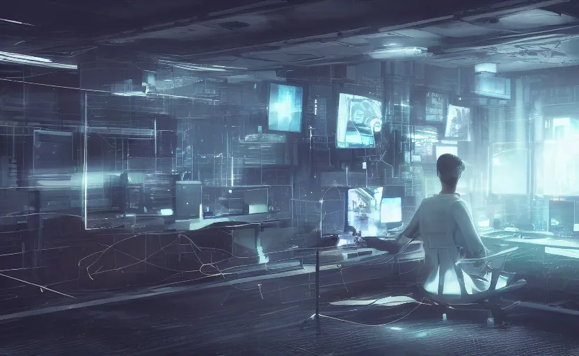 Image similar to a young man in front of computer screens, sci-fi, digital art, rendering, octane, redshift, 4k