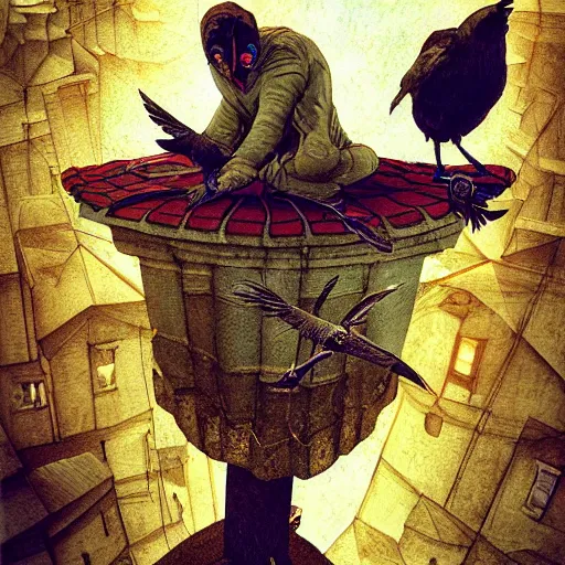 Prompt: A clown on the roof of the church playing with crows, by Android Jones and M. C. Escher collaboration, futurist, digital art, dramatic lighting, symbolic