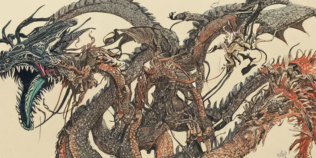 Prompt: a creepy fine - line gouache painting of a aztec dragon by kim jung gi in the style of art - nouveau art, trending on art station