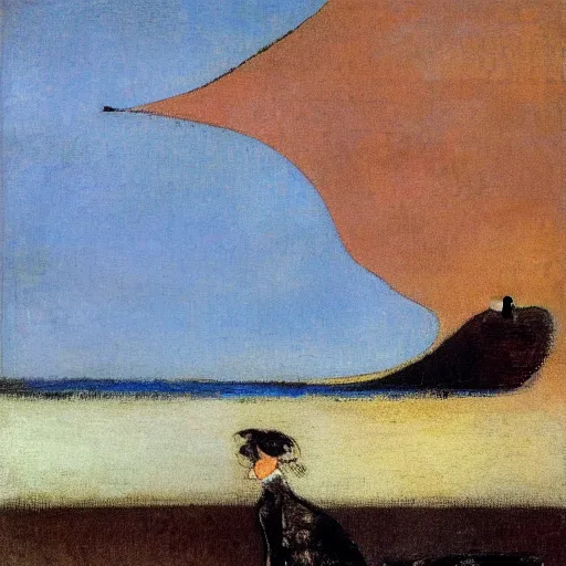 Image similar to a woman and her black and brown chihuahua at the sea with a boat in the distance by odilon redon