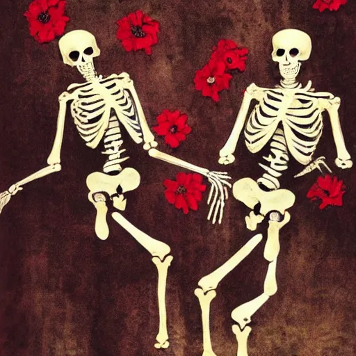 Prompt: two female skeletons dancing over a corpse, cabaret theater, red and white flowers, spotlight, renaissance, baroque, Marie Antoinette, beautiful, haunting