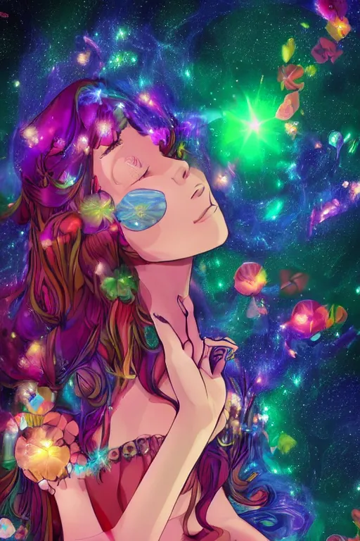 Image similar to psychedelic, whimsical, anime, 4k, beautiful intimate woman blowing smoke, with professional makeup, long trippy hair, a crystal and flower dress, sitting in a reflective pool, surrounded by gems, underneath the stars, rainbow fireflies, trending on patreon, deviantart, twitter, artstation, volumetric lighting, heavy contrast, art style of Ross Tran and Viktoria Gavrilenko and Ilya Kuvshinov