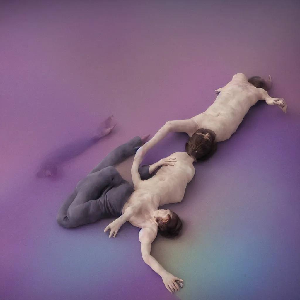 Prompt: cinestill of iridiscent oil with corpses connected by mess of ethernet cables and tubes to wax technical forms to a buried baby relaxing on yoga mat, faded, iridiscent gradient, purple fog, depth of field, blur, very detailed, by nadav kander and hans bellmer, 8 k, ultrarealistic, sad atmosphere, cinematic, 8 5 mm lens