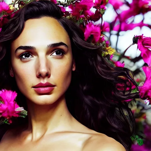Image similar to fine art photo of the beauty gal gadot, she is posing while maintain a sweet eye contact to the camera, she has a crown of flowers, the photo was taken at sunset with a bokeh effect, by iris van herpen, photorealistic, matte painting, hyper realistic, 4 k, 8 k, cinematic composition, hd, highly detailed, trending on artstation