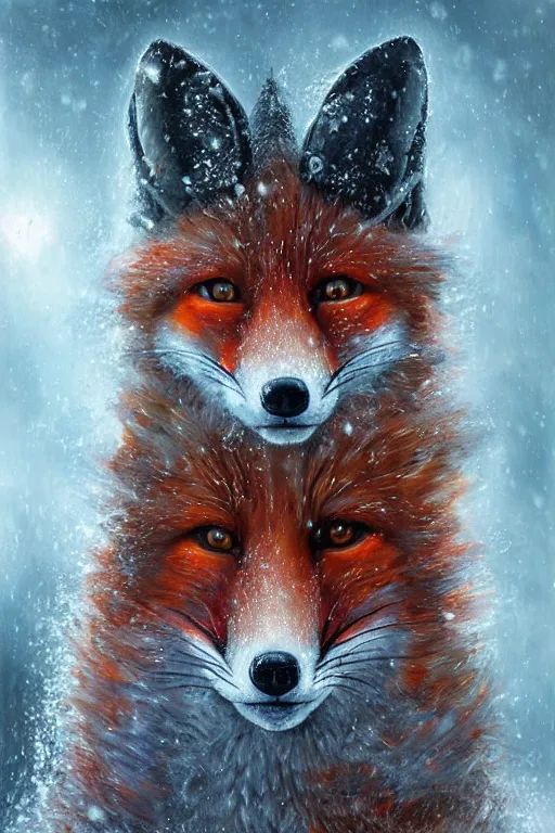 Image similar to a furious fox wizard, snowy background, oil on canvas, intricate, portrait, 8k highly professionally detailed, HDR, wizard hat, CGsociety