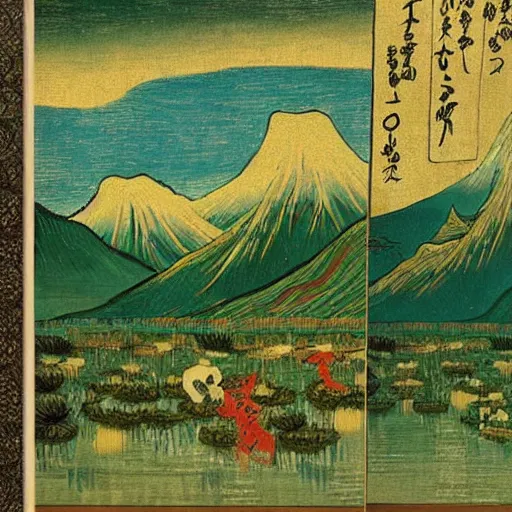 Image similar to japanese landscape, temple, mountains in distance, lake with japanese creatures in front, that looks like a van gogh painting