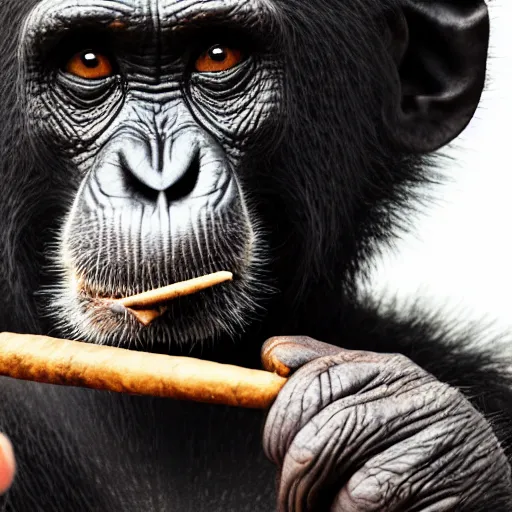 Image similar to a high detail closeup shot of a chimp wearing a suit, smoking a cigar