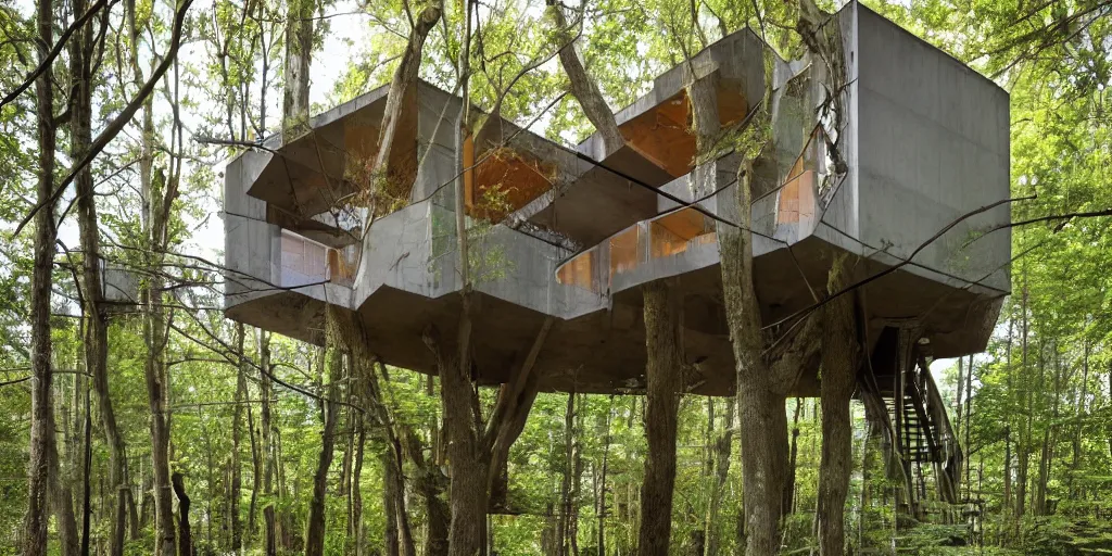 Prompt: sustainable treehouse brutalist architecture