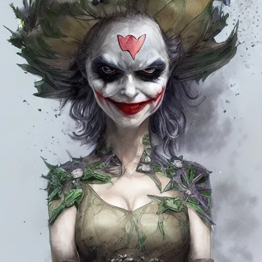 Prompt: joker as an attractive young smiling woman wearing a mushroom crown and heavy armoured wedding dress, face portrait, hd shot, digital portrait, elegant, beautiful, fantasy art, artstation, comic style, by artgerm, guy denning, jakub rozalski, magali villeneuve and charlie bowater